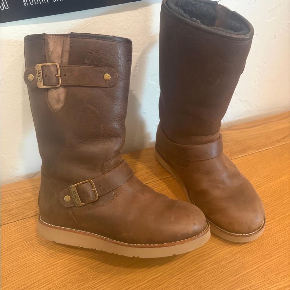 UGG Brown Leather Shearling-Lined Mid Boots